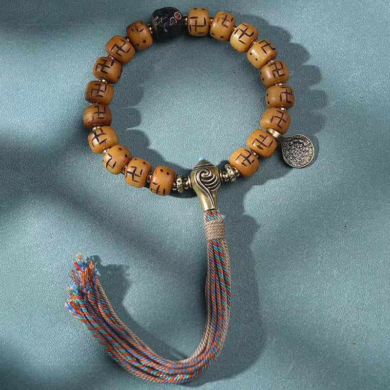 Wear FengShui Natural Tibetan Camel Bone Swastika Dzi Bead Shankha Buddha Charm Kirtimukha Luck Protection Tassel Bracelet