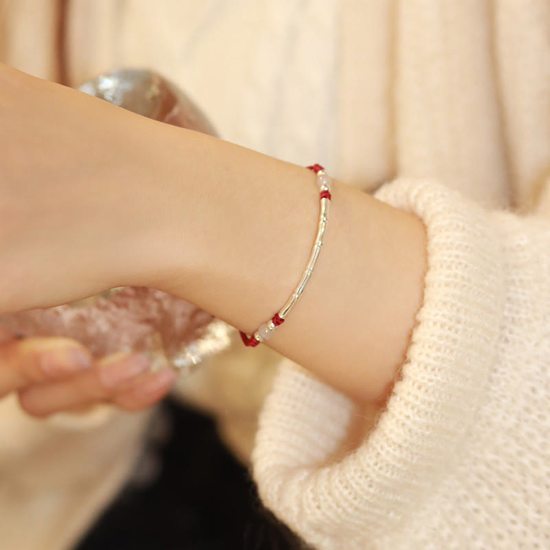Wear FengShui 925 Sterling Silver Bamboo White Agate Red Agate Bead Protection String Braided Bracelet