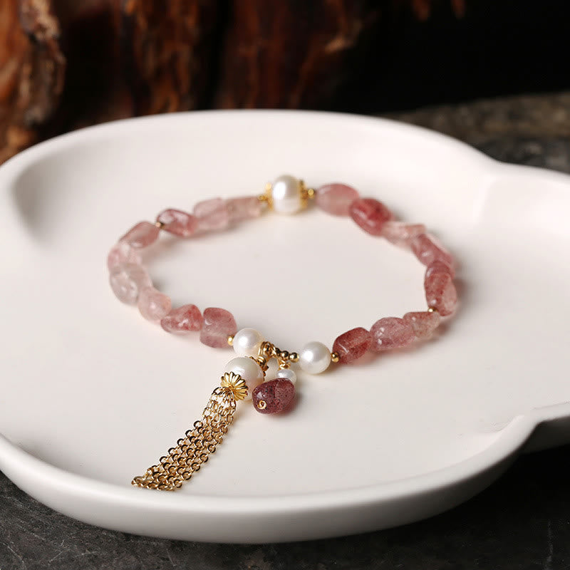 Wear FengShui Natural Strawberry Quartz Pearl 14k Gold Plated Love Healing Bracelet