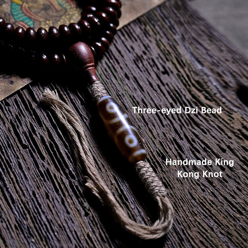 Wear FengShui Natural Tibet 108 Mala Beads Purple Bodhi Seed Three-eyed Dzi Bead Copper Dorje Harmony Bracelet
