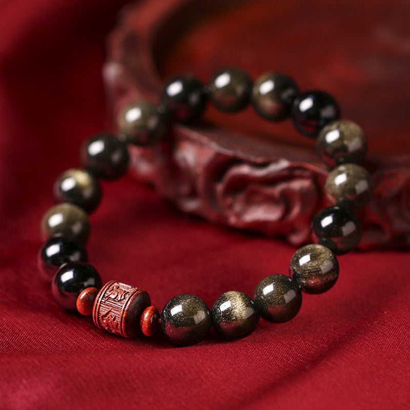 Wear FengShui Natural Gold Sheen Obsidian Rainbow Obsidian Om Mani Padme Hum Fu Character Healing Bracelet