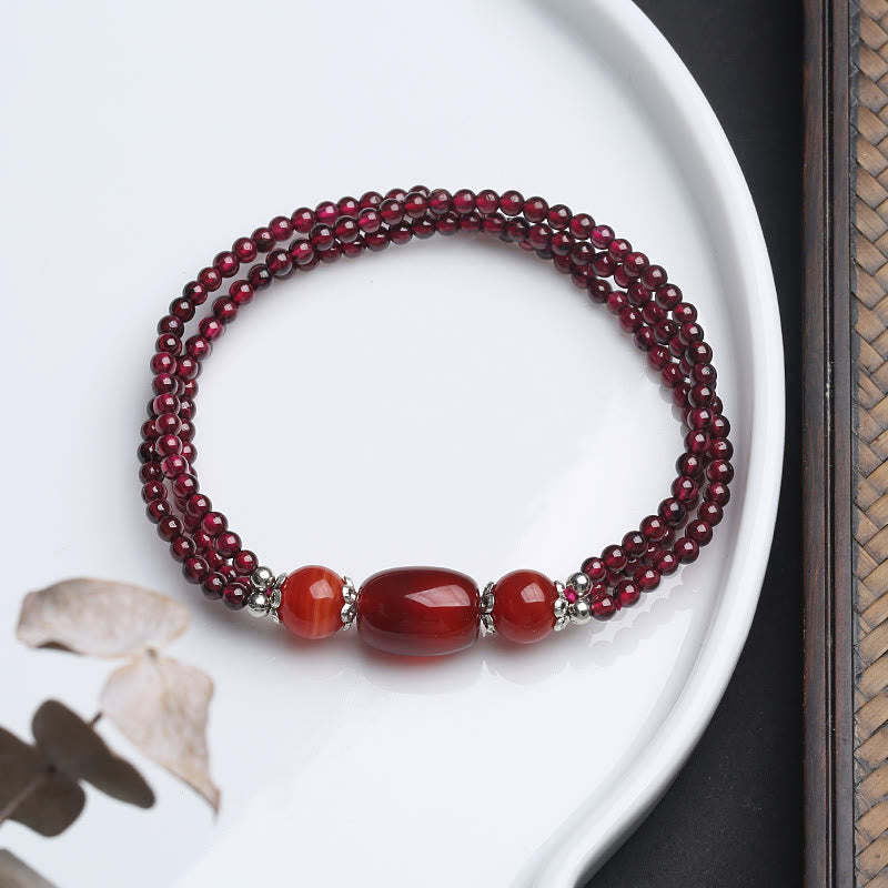 Wear FengShui Natural Garnet Red Agate Protection Triple Layer Bracelet