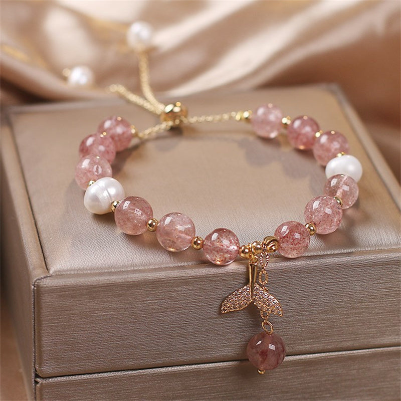 Wear FengShui Strawberry Quartz Rutilated Quartz Fishtail Charm Healing Bracelet