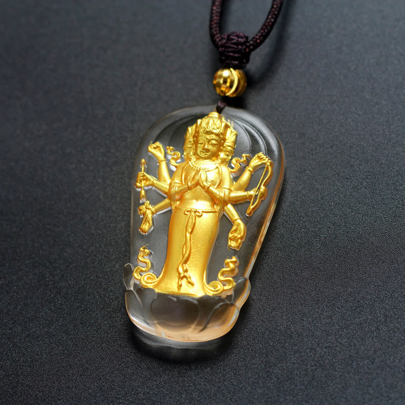Wear FengShui Tibetan Eight-armed Avalokitesvara Guanyin Buddha Gold Plated Liuli Crystal Wealth Necklace Pendant