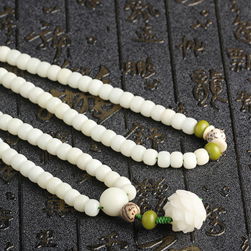 Wear FengShui White Jade Bodhi Lotus Mala Harmony Necklace Bracelet