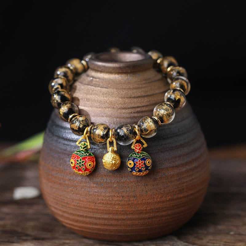 Wear FengShui Gold Swallowing Beast Family Charm Gold Silver Foil Liuli Glass Bead Blessings Bracelet