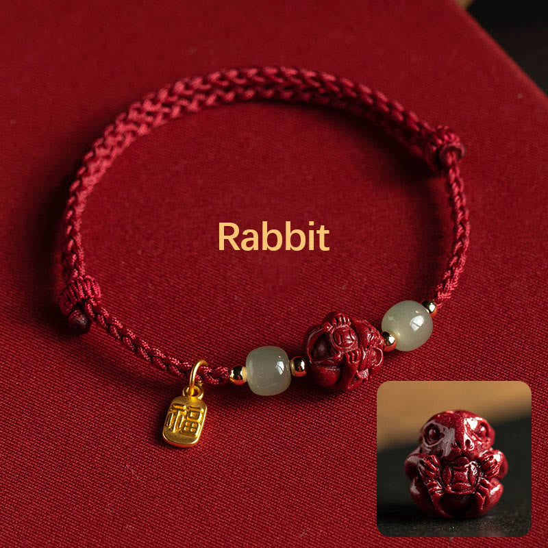 Wear FengShui Natural Cinnabar Chinese Zodiac Hetian Jade Fu Character Luck Rope Bracelet