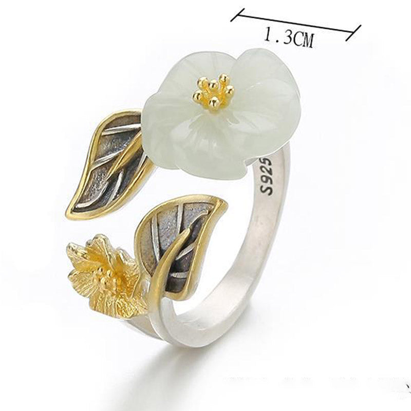 Wear FengShui 925 Silver Plated Copper White Jade Plum Flower Leaf Luck Ring