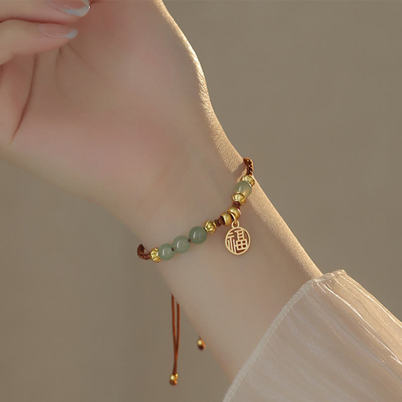 Wear FengShui Jade Beads Fu Character Blessing Rope Bracelet