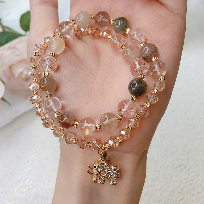 Wear FengShui Rose Quartz Elephant Healing Energy Charm Bracelet