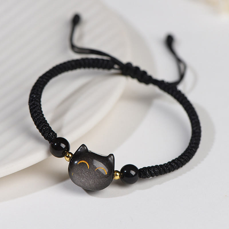 Wear FengShui Handmade Natural Silver Sheen Obsidian Strawberry Quartz Cute Cat Protection Braided Bracelet