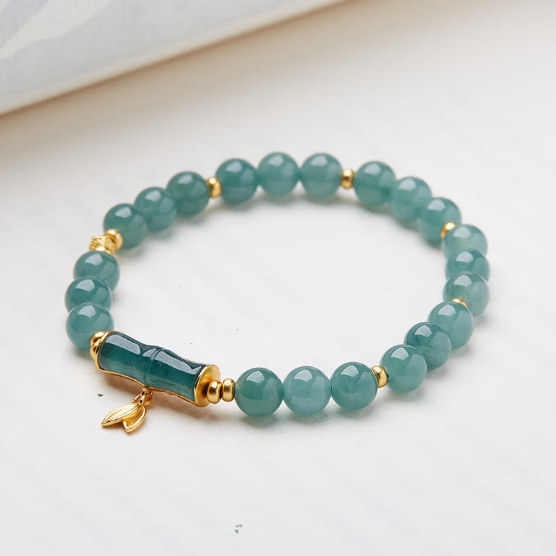 Wear FengShui 925 Sterling Silver Plated Gold Natural Green Jade Bamboo Charm Luck Bracelet