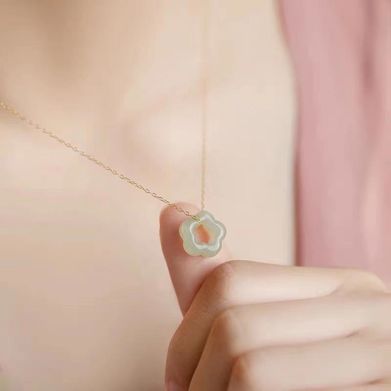 Wear FengShui Dainty Hetian Jade Cyan Jade Luck Floral Charm Necklace Pendant