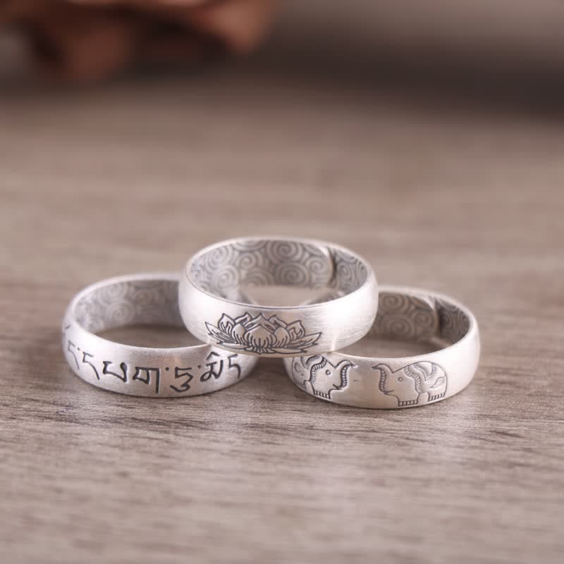 Wear FengShui 999 Sterling Silver Lotus Elephant Six True Words Blessing Ring
