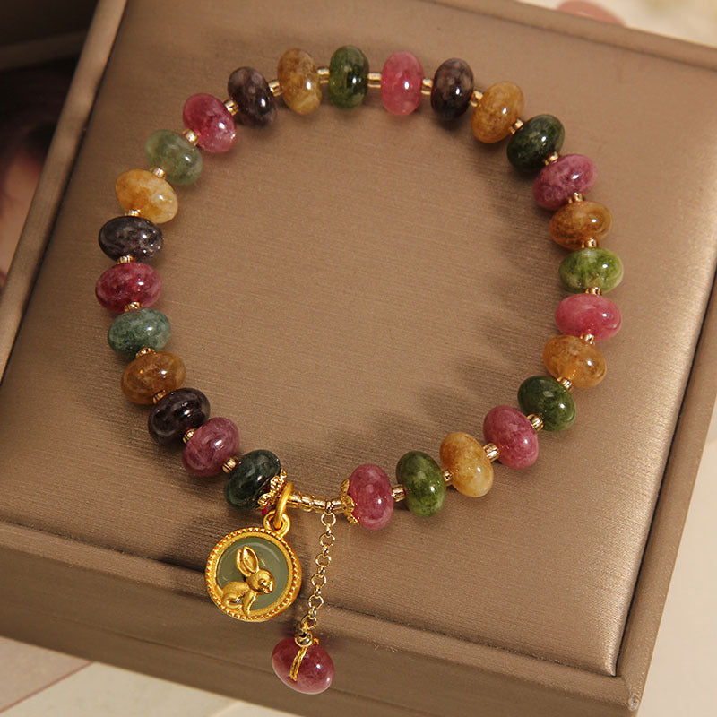 Wear FengShui Natural Colorful Tourmaline Cute Rabbit Charm Positive Bracelet