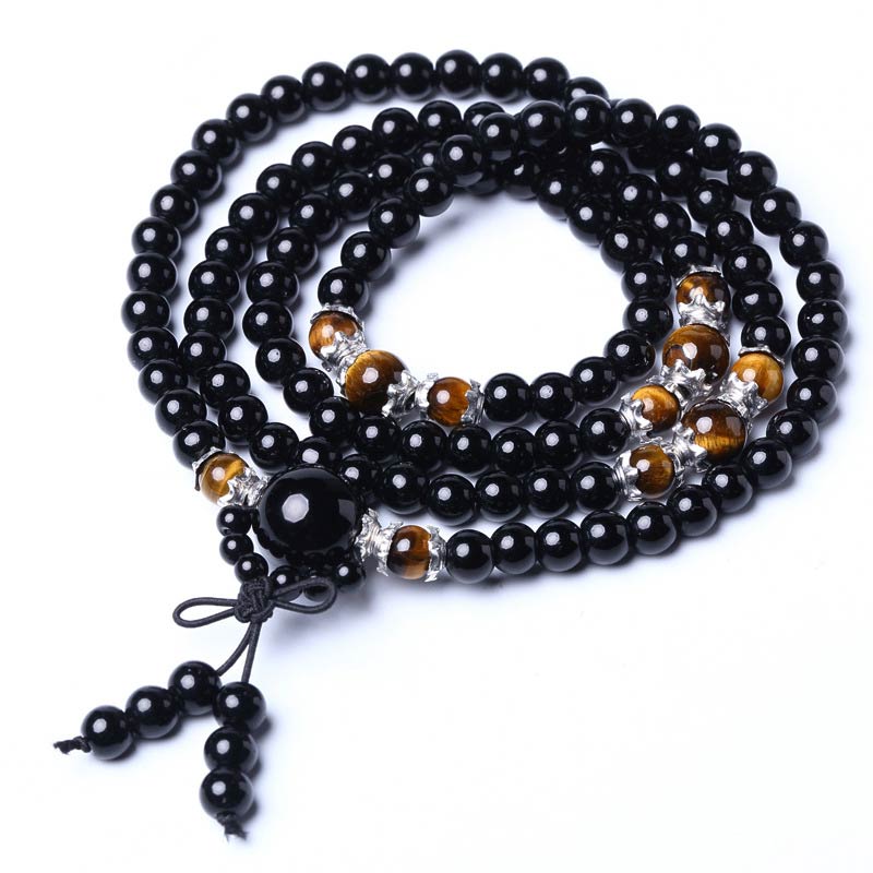 Wear FengShui 108 Beads Natural Black Obsidian Tiger Eye Mala Bracelet