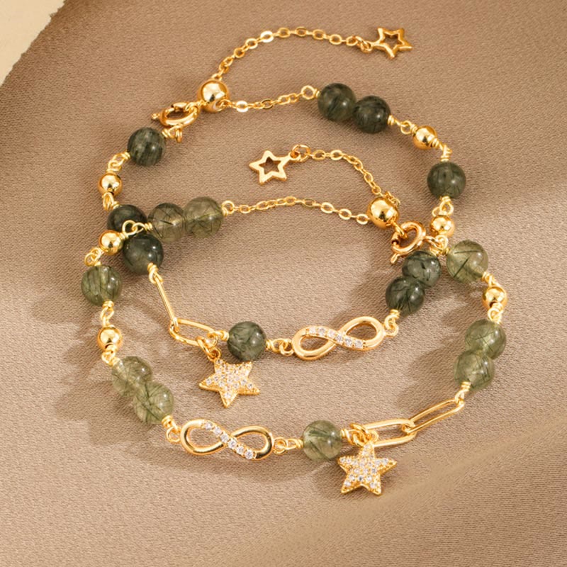 Wear FengShui 14k Gold Plated Copper Green Rutilated Quartz Möbius Loop Eternal Love Star Protection Bracelet