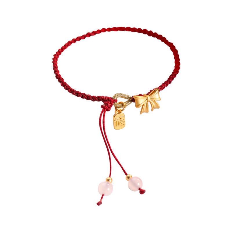 Wear FengShui Handmade Peach Blossom Rosette Bow Knot Fu Character Charm Luck Fortune Red Rope Bracelet