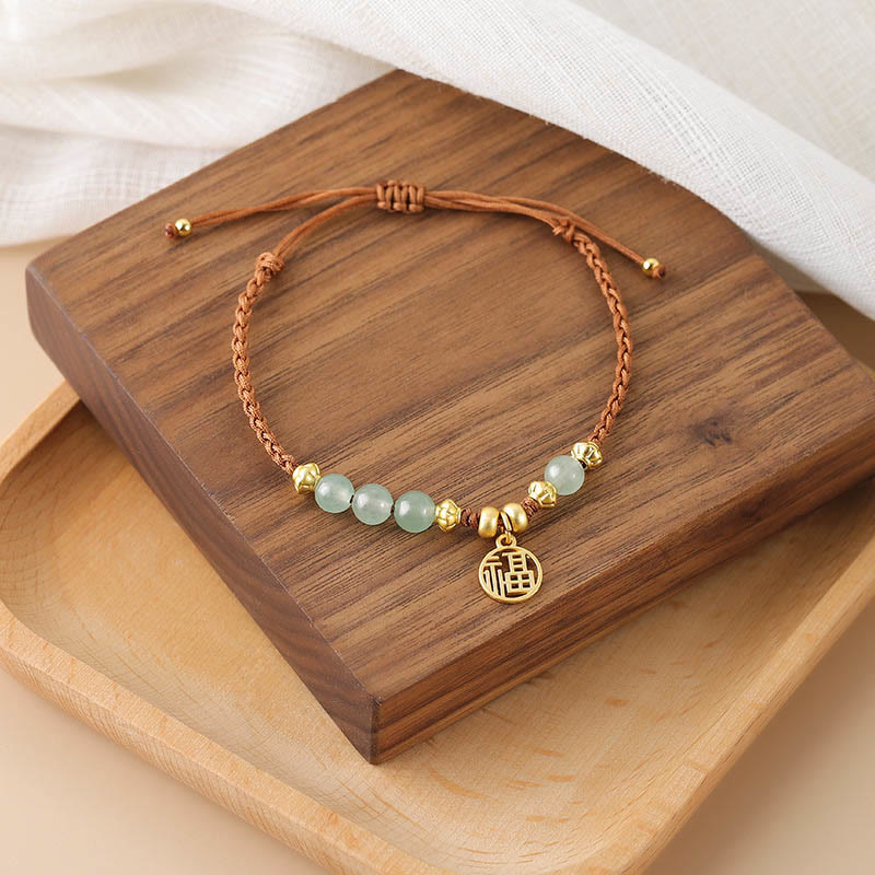 Wear FengShui Jade Beads Fu Character Blessing Rope Bracelet