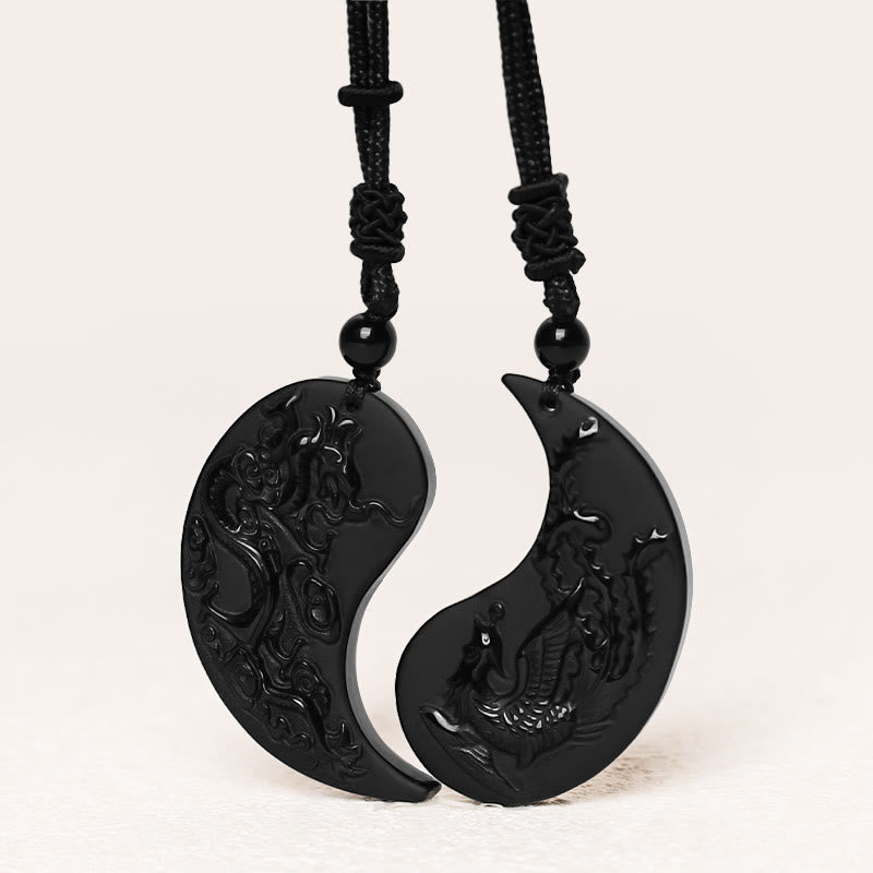Wear FengShui Black Obsidian Yin Yang Dragon Phoenix Luck Necklace Pendant