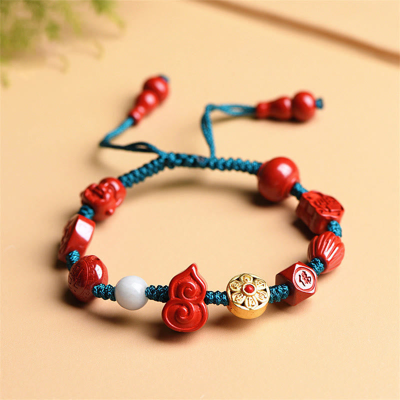 Wear FengShui Natural Cinnabar Gourd Om Mani Padme Hum Laughing Buddha Blessing String Bracelet