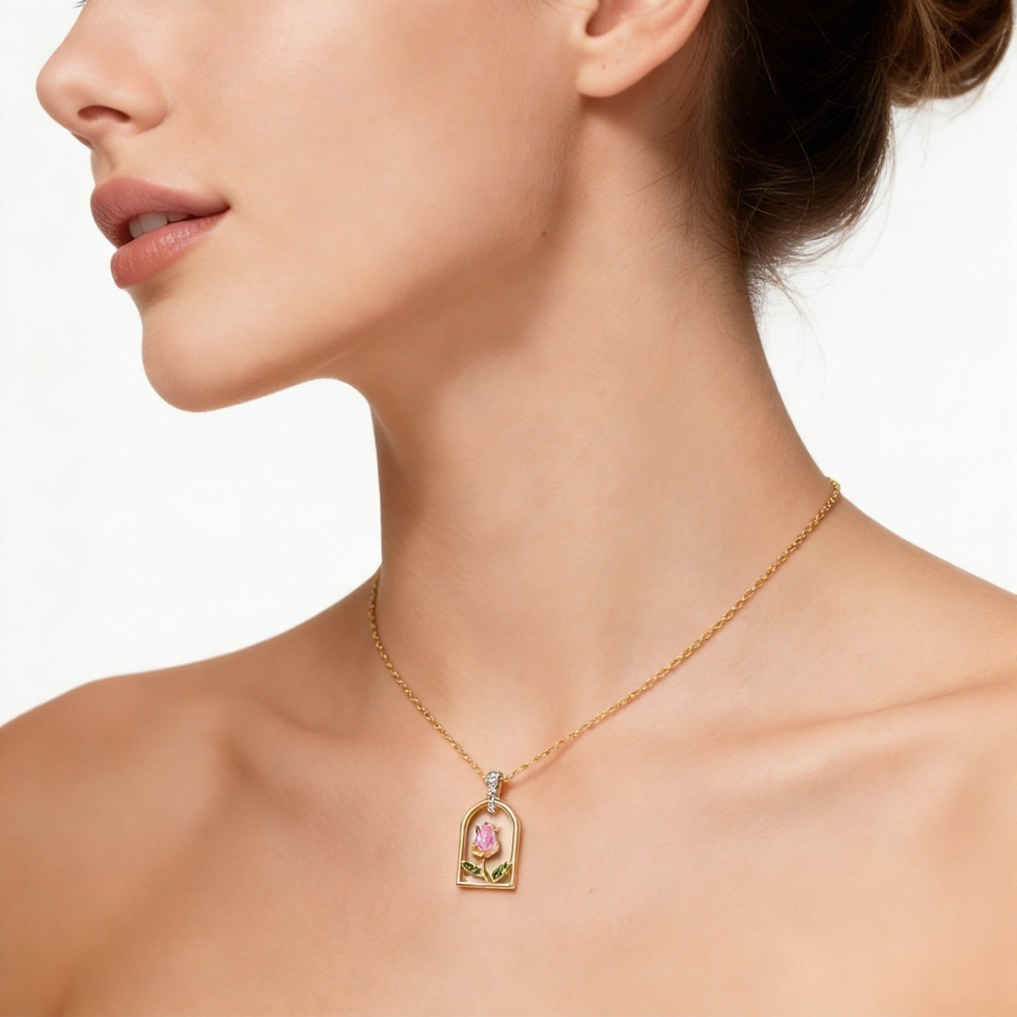 Pink Tulip Pendant Necklace for Women | Gold-Plated Crystal Charm with Thin Delicate Chain