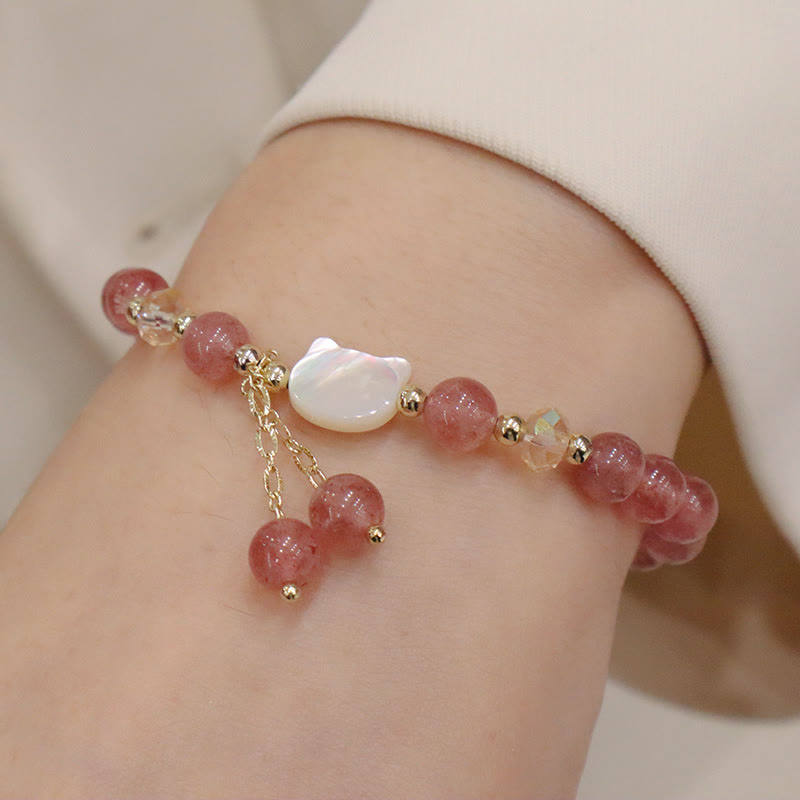 Wear FengShui Natural Strawberry Quartz Morganite Tridacna Stone Cat Love Bracelet