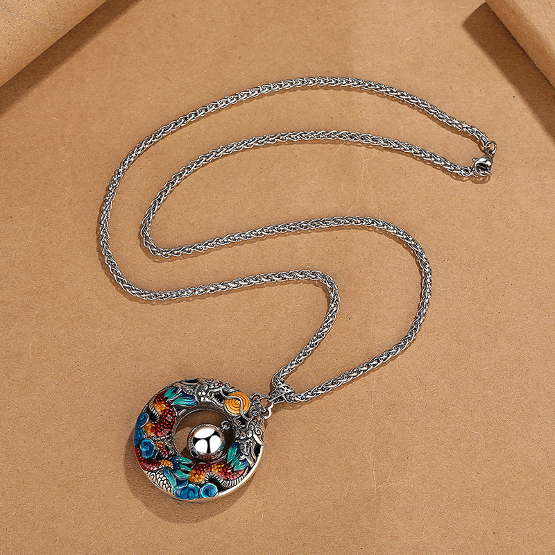 Wear FengShui Year of the Dragon Colorful Double Dragons Playing Bead Copper Protection Necklace Pendant