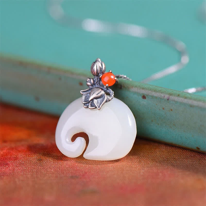 Wear FengShui White Jade Elephant Lotus Protection Necklace Pendant