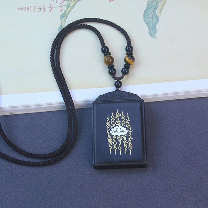 Wear FengShui 999 Sterling Silver Ebony Wood Lotus Inlaid Calm Necklace Pendant