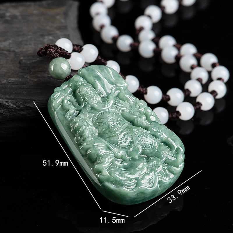Wear FengShui Natural Jade Guan Gong Amulet Wealth Necklace Pendant