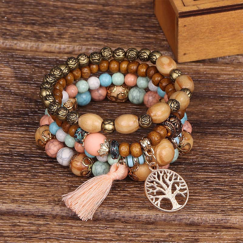 Wear FengShui Wenge Wood Layered Tree Tassel Healing Bracelet