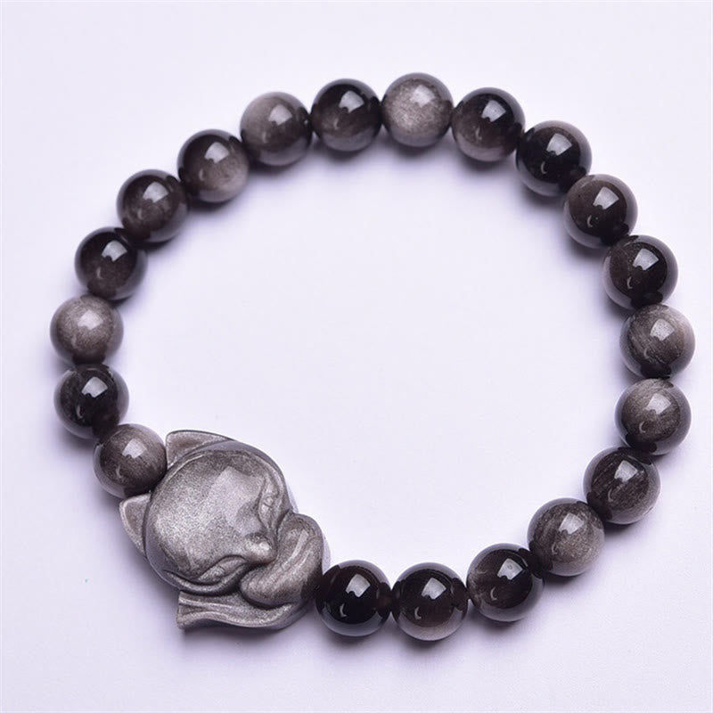 Wear FengShui Natural Silver Sheen Obsidian Fox Protection Bracelet