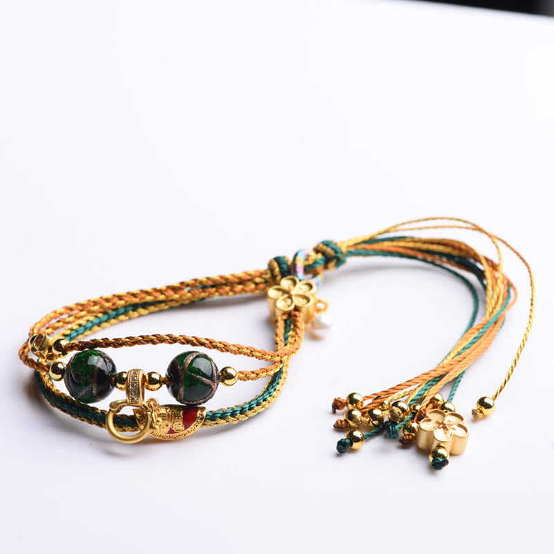 Wear FengShui Tibetan Handmade Rope Liuli Glass Bead Braided Multilayered Healing Bracelet