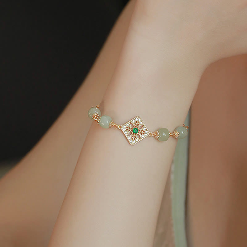 Wear FengShui Natural Hetian Jade Bead Square Pattern Luck Chain Bracelet