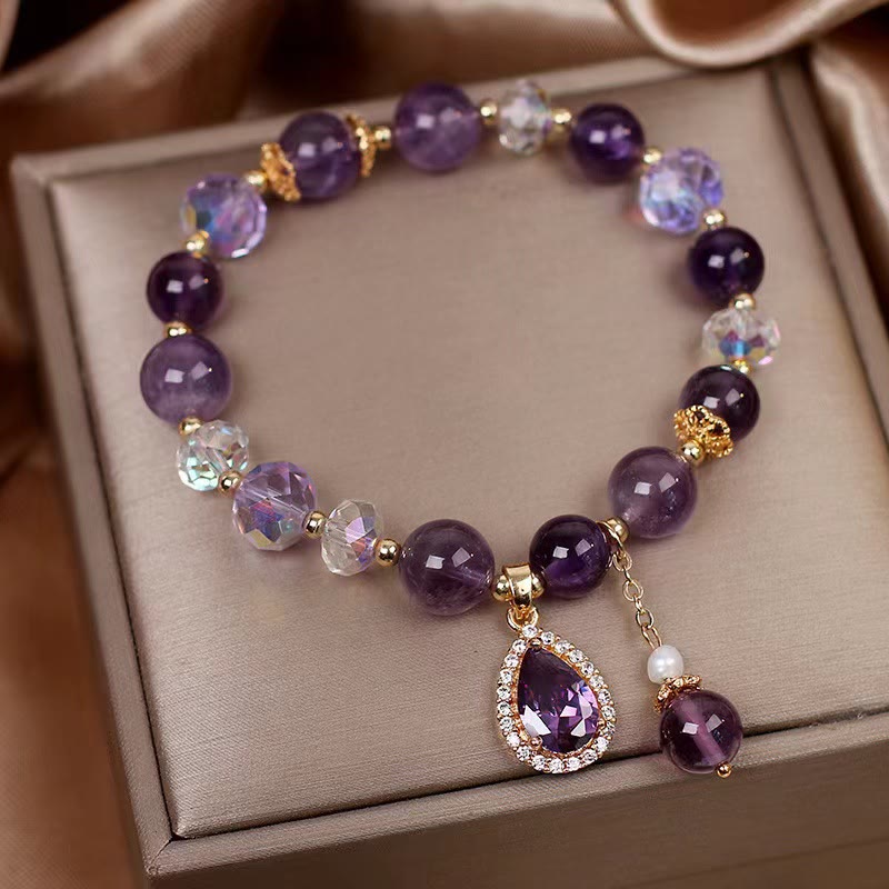 Wear FengShui Natural Amethyst Zircon Love Heart Healing Soul Charm Bracelet