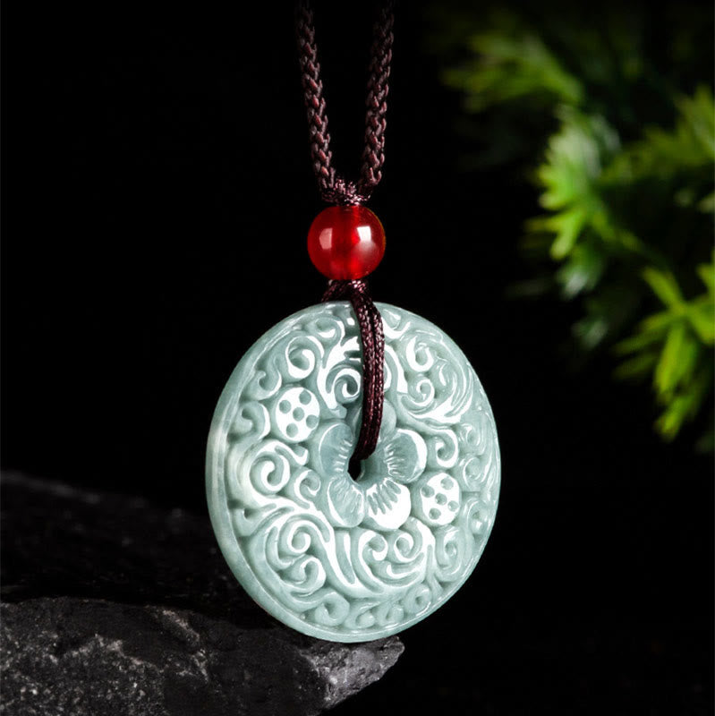 Wear FengShui Green Jade Flower Carved Peace Buckle Abundance Necklace Pendant