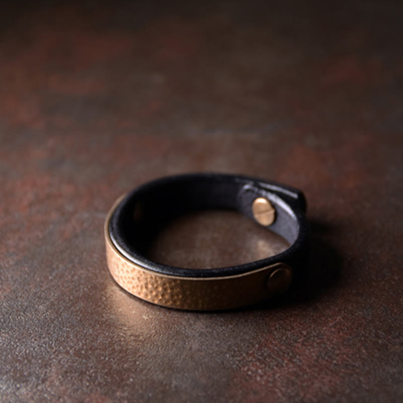 Wear FengShui Vintage Handmade Texture Copper Brass Leather Wealth Bracelet Bangle
