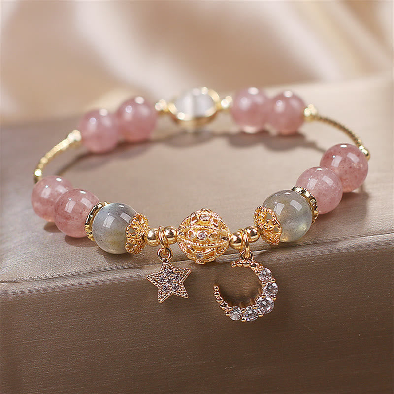 Wear FengShui Strawberry Quartz Moonstone Moon Star Love Bracelet