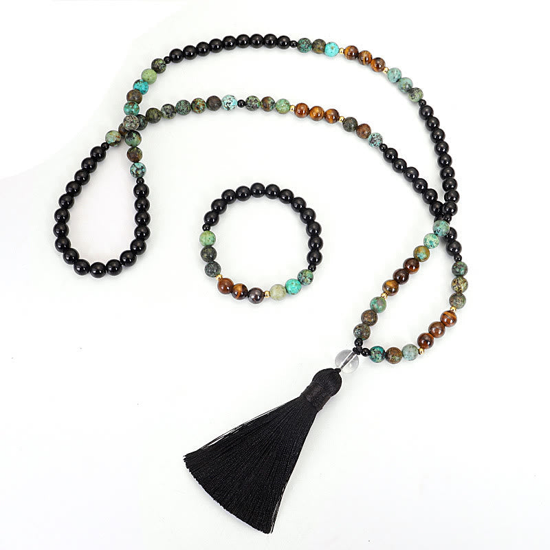 Wear FengShui 108 Mala Beads Natural Stone Tiger Eye Turquoise Protection Strength Bracelet Necklace