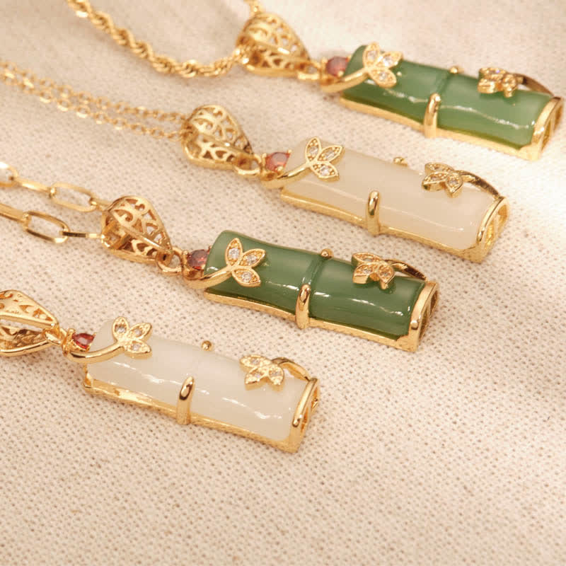 Wear FengShui White Jade Cyan Jade Bamboo Luck Protection Necklace Pendant