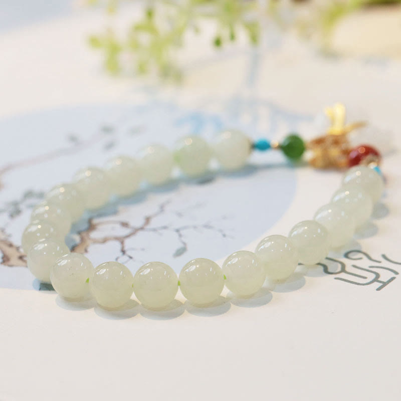 Wear FengShui Natural Hetian White Jade 14K Gold Plated Money Bag Blessing Bracelet