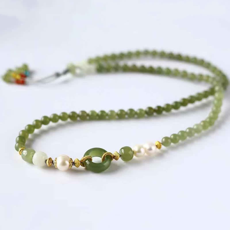 Wear FengShui Hetian Jade Pearl Peace Buckle Luck Wealth String Bracelet