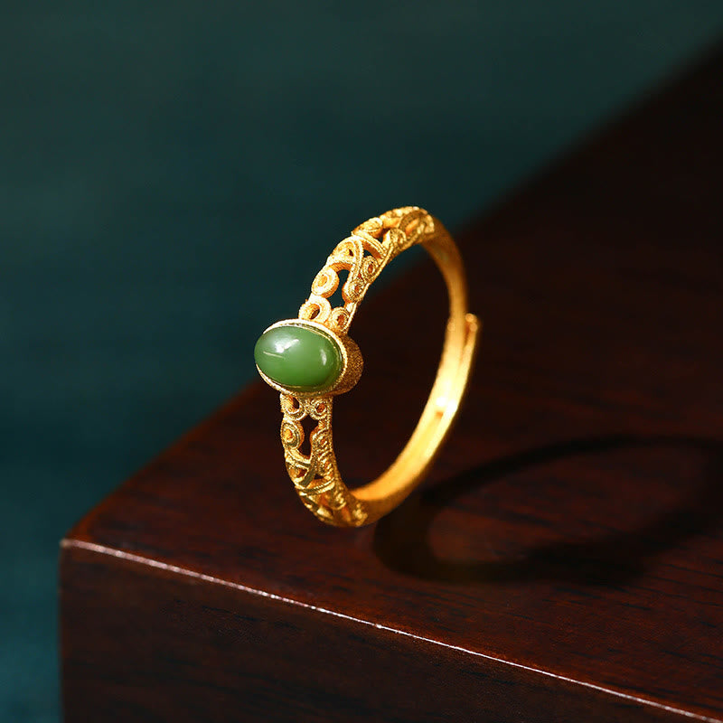 Wear FengShui Auspicious Cloud Pattern Cyan Jade Luck Adjustable Ring