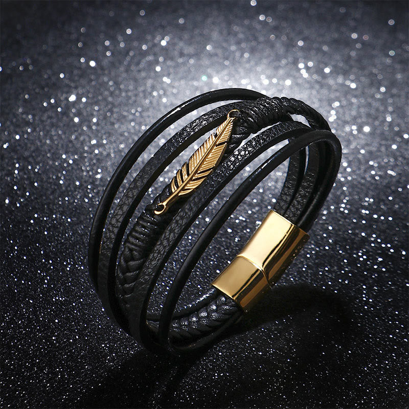 Wear FengShui Feather Pattern Multilayer Leather Titanium Steel Calm Braided Magnetic Buckle Bracelet