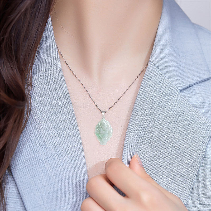 Wear FengShui Natural Jade Nine Tailed Fox Prosperity Titanium Steel Chain Necklace Pendant