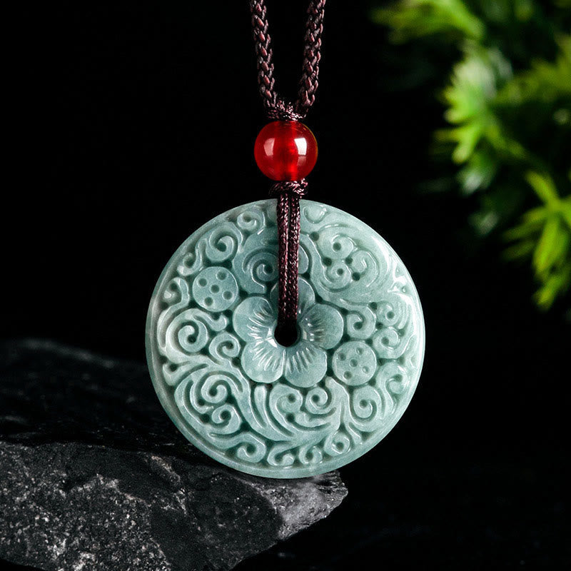 Wear FengShui Green Jade Flower Carved Peace Buckle Abundance Necklace Pendant