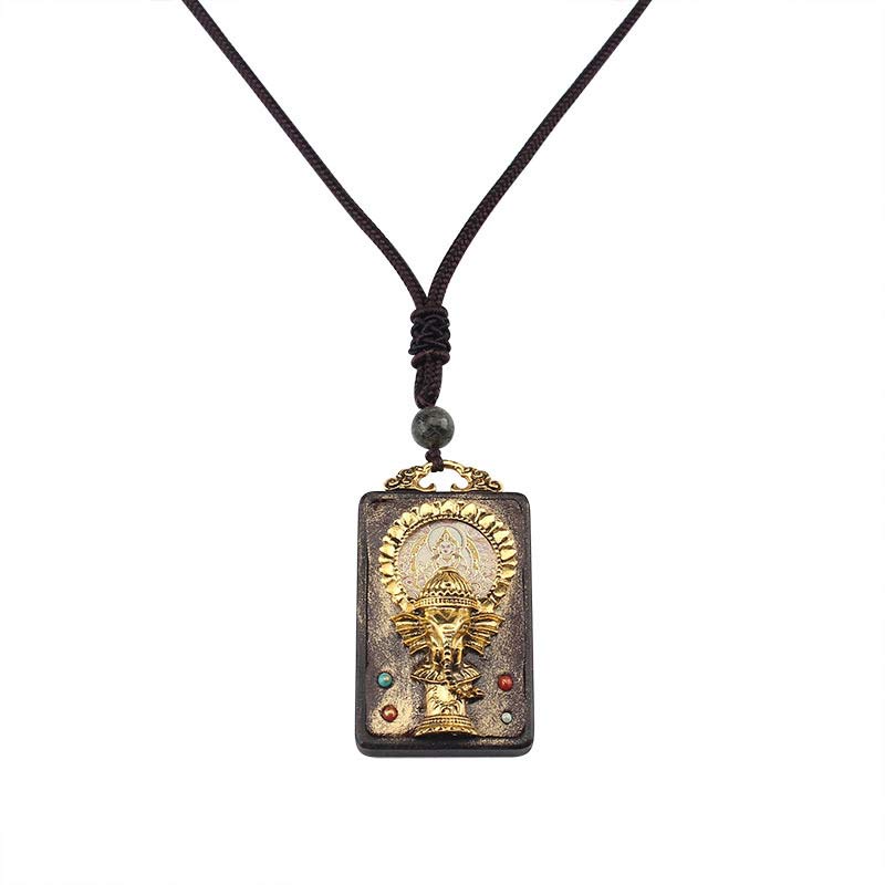 Wear FengShui Ebony Wood Elephant God of Fortune Buddha Blessing Necklace String Pendant