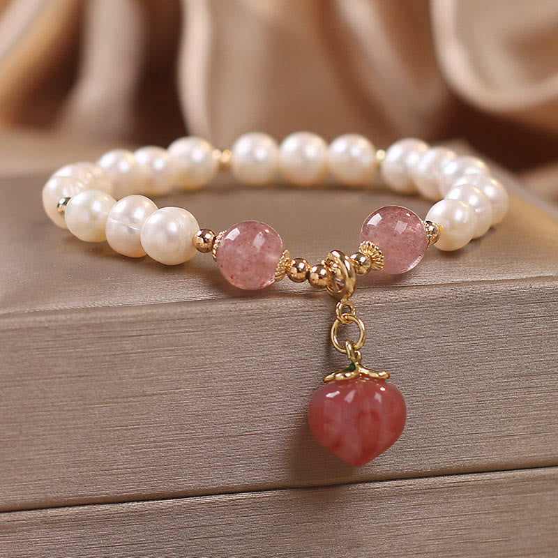 Wear FengShui Natural Pearl Strawberry Quartz Peach Love Heart Wisdom Charm Bracelet