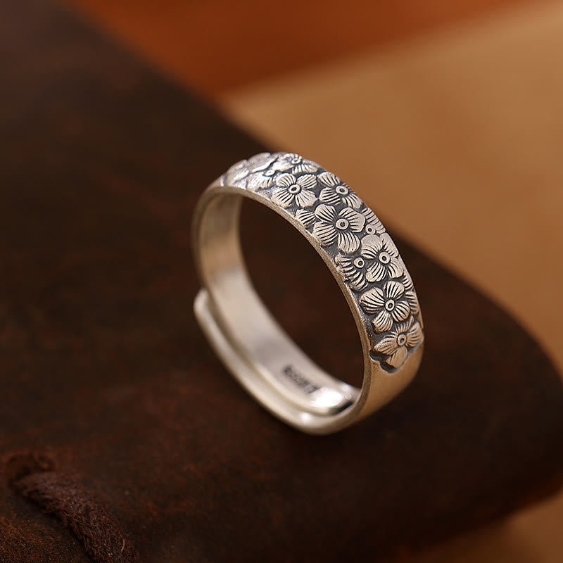 Wear FengShui 999 Sterling Silver Lotus Flower Plum Blossom Auspicious Clouds Engraved Enlightenment Ring